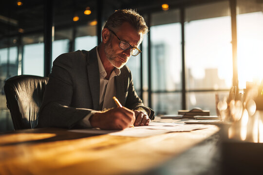 Mature businessman signing important documents at sunlit executive desk in a modern office, focused and professional in golden-hour light