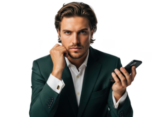 Handsome businessman with phone in green suit portrait stock photo isolated on transparent background
