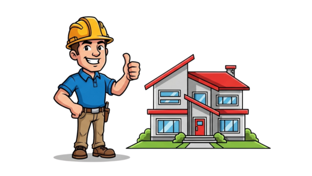 Cartoon Builder Thumbs Up at Modern House Construction