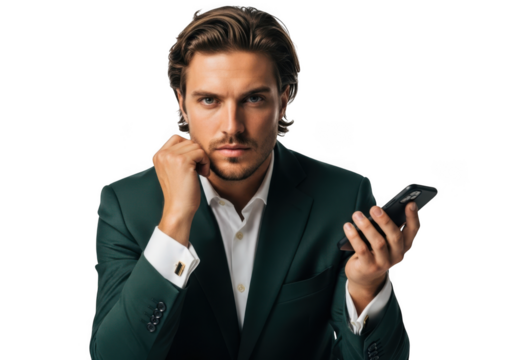 Handsome businessman with phone in green suit portrait stock photo isolated on transparent background