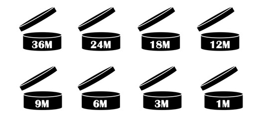 Set of PAO cosmetic expiry symbols vector form 1m to 36m. Ideal for skincare, beauty packaging, product labelling, and regulatory design needs.