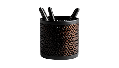 Cylindrical pen holder with dark bronze patterned metal body, black top and base, holding several black pens