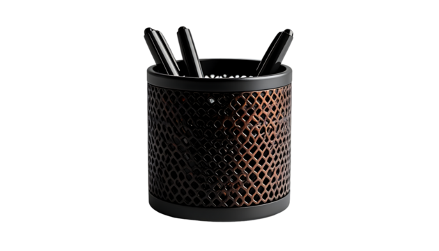 Cylindrical pen holder with dark bronze patterned metal body, black top and base, holding several black pens
