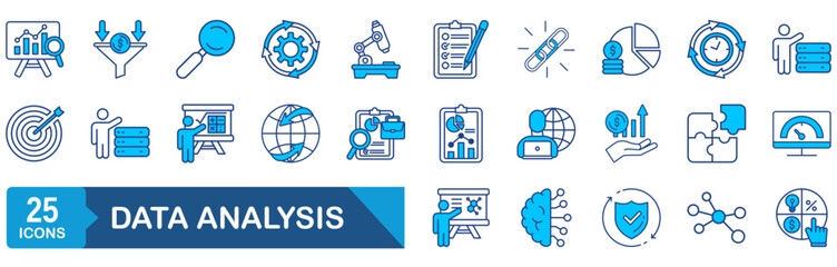 Data analysis set of web icons. Data analytics icons for web and mobile app. Graphs, traffic analysis, data processing, research network collection, statistics, analytics, performance.