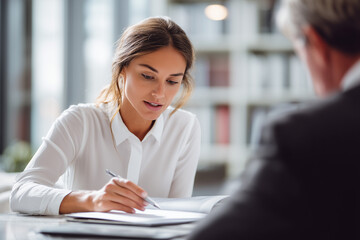 Fototapeta premium Young professional woman reviewing and signing documents in a modern office during a business meeting — focused teamwork and corporate consultation