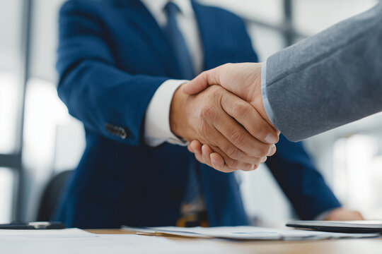 Closeup of a professional handshake between two businesspeople over documents in a modern office, symbolizing partnership, agreement and corporate deal.