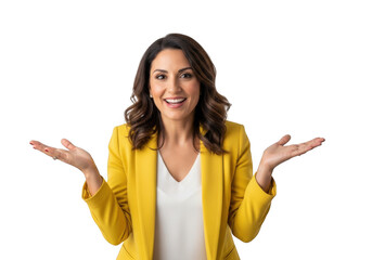 Enthusiastic businesswoman in yellow blazer presenting with open hands png image for design projects and marketing materials isolated on transparent background