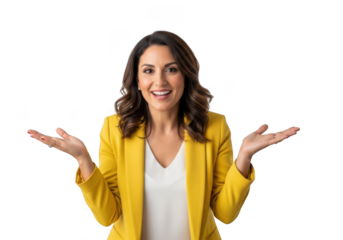 Enthusiastic businesswoman in yellow blazer presenting with open hands png image for design projects and marketing materials isolated on transparent background