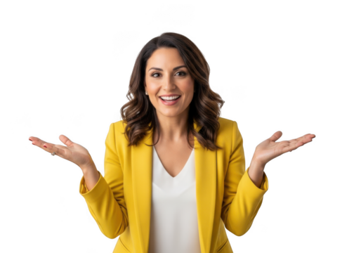 Enthusiastic businesswoman in yellow blazer presenting with open hands png image for design projects and marketing materials isolated on transparent background