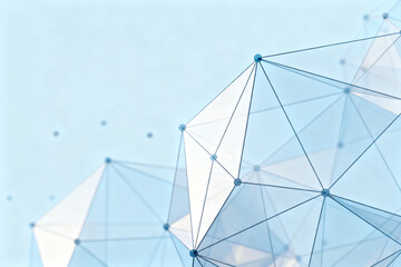 Abstract geometric network structure with interconnected nodes and triangular facets on a light blue background