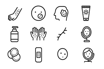 Skin Care Icons. Outline icon set of skin conditions: rash icon, acne spot, eczema patch, sunscreen tube,