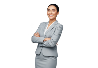 Confident smiling businesswoman in grey suit with arms crossed professional portrait stock photo isolated on transparent background