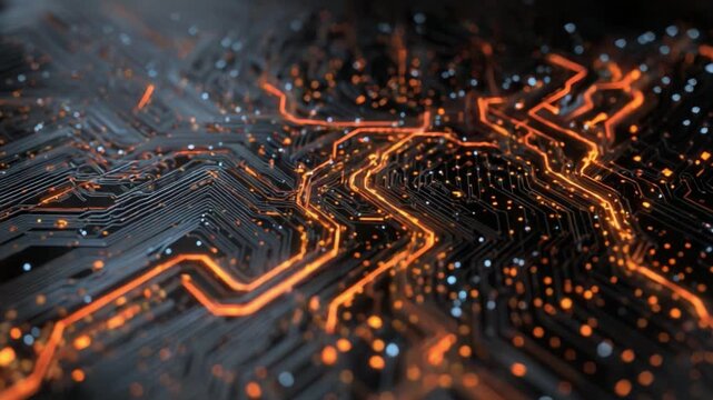 Futuristic abstract circuit board with glowing orange electricity moving through paths and connections, representing technology, data flow, artificial intelligence, and the inside of a computer