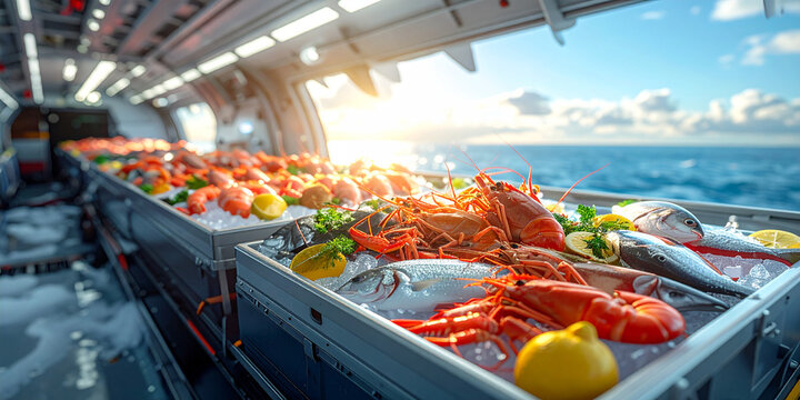 Fresh Seafood Cargo Vibrant Ocean Backdrop, Airplane Transport, Exquisite Culinary Delights