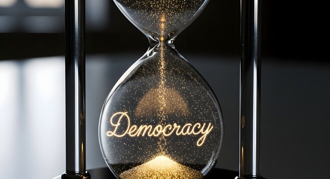 Hourglass with glowing particles forming the word democracy inside symbolizing time and values