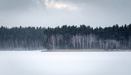 Drifting lake effect snow over dark treeline with calm tonality representing winter weather texture and quiet landscape suitable for science education travel features and minimalist design