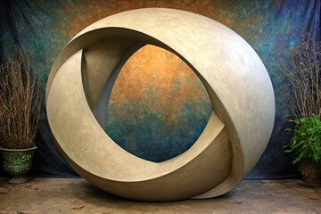 Large, light-gray, abstract sculpture, a sphere with intersecting, overlapping rings,  against a backdrop of mottled colors