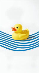 Yellow Rubber Duck on Blue and White Striped Wave