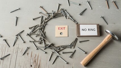 Collection of Screws with Warning Signs on Wooden Surface
