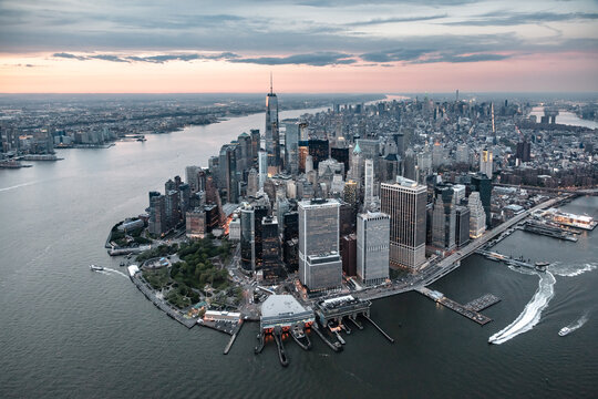 Aerial of lower Manhattan  at sunset, New York, USA