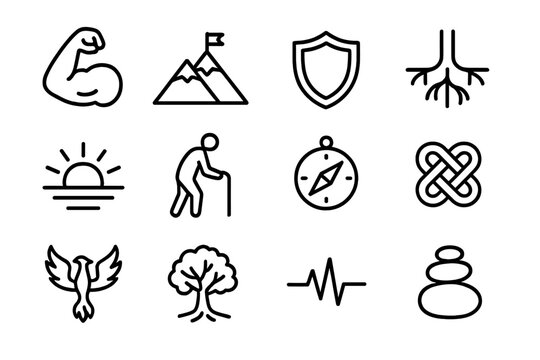Aging Resilience Icons. Outline icon set of aging and resilience: strong arm, mountain, shield, roots, sunrise