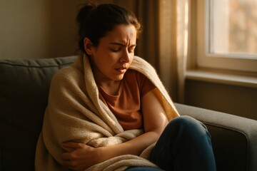 Obraz premium A sick woman wrapped in a blanket sits on a couch near a window, expressing discomfort and fatigue from illness or cold.