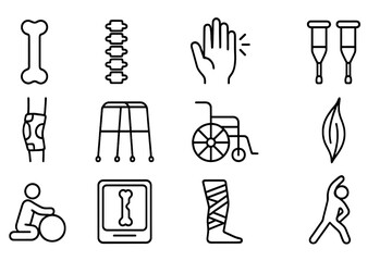 Musculoskeletal Disorder Icons. Outline icon set of musculoskeletal disorders: bone, spine, arthritis hand,