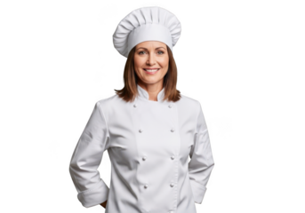 Professional female chef portrait smiling wearing uniform and hat food industry culinary expert png image isolated on transparent background