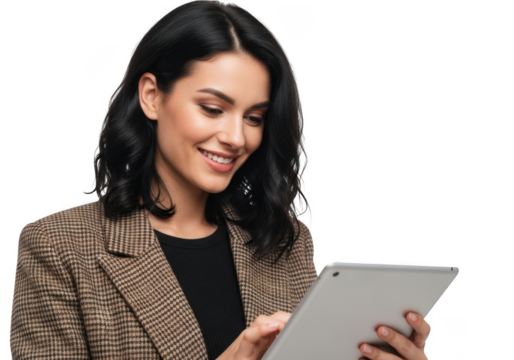 Professional business woman using tablet device smiling, brunette short hair, wearing blazer isolated on transparent background
