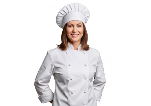 Professional female chef portrait smiling wearing uniform and hat food industry culinary expert png image isolated on transparent background - Powered by Adobe