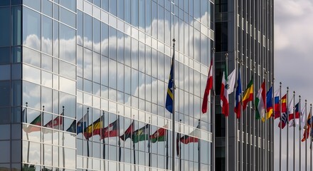 Modern glass facade reflecting flags symbolizing democratic transparency