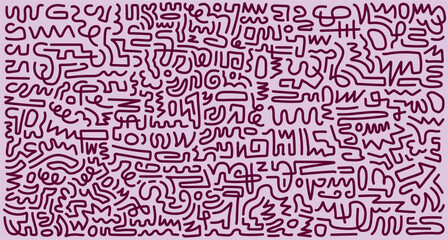 Abstract continuous line doodle pattern in red and pink. Hand drawn seamless background with a tribal, maze-like texture for wallpaper or fabric prints.