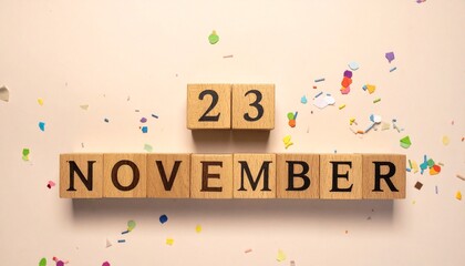 Wooden Blocks with Date 23 November. Calendar for birthday or anniversary on solid colored background with confetti