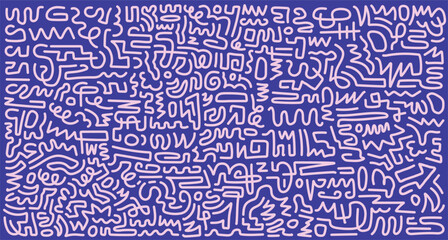 Seamless tribal scribble background in shades of blue. Abstract hand drawn maze pattern with a continuous line for modern textile or wallpaper designs.
