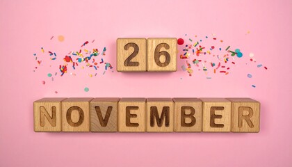 Wooden Blocks with Date 26 November. Calendar for birthday or anniversary on solid colored background with confetti