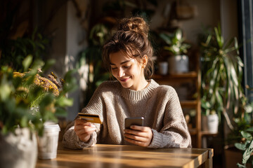 Young woman in a cozy plant-filled café smiling while making a mobile payment with her credit card and smartphone during a relaxed online shopping moment