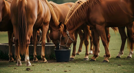 Fototapeta premium Chestnut horses drinking water from trough on green meadow