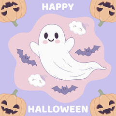 Happy Halloween. Cute Halloween illustration with a smiling ghost, bats, pumpkins, and clouds on a pastel background. perfect for kids party invitations, posters, and festive decorations.