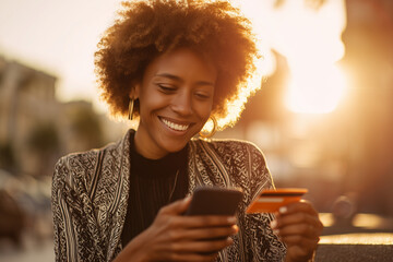 Young woman smiling while making a mobile payment with a credit card and smartphone outdoors at golden hour, enjoying city sunshine.