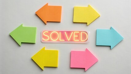 Colorful Arrows Pointing Towards Neon Sign Saying Solved