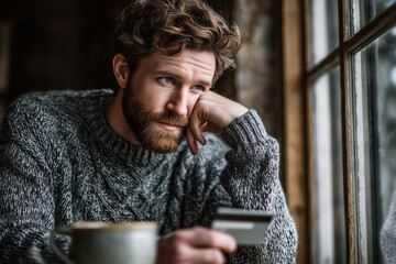 Thoughtful young man holding a credit card by a window, contemplating payments and finances while sipping coffee in a cozy knit sweater