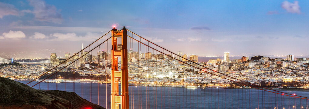 Panoramic of Golden Gate bridge at dusk, San Francisco