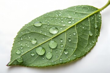 Single green leaf with water droplets and prominent veins on white background
