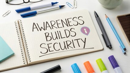 Awareness Builds Security Concept on Notebook Surrounded by Stationery