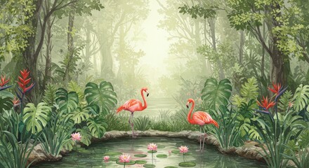 Watercolor painting of flamingos in lush tropical forest.