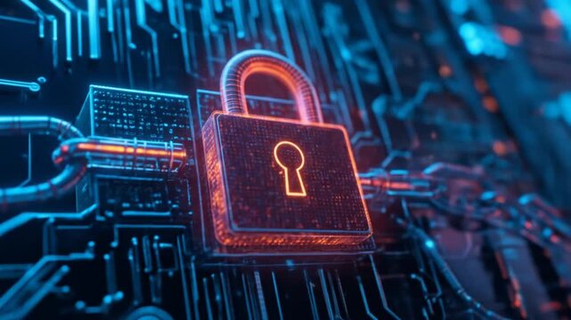 A futuristic visualization of blockchain security shows a glowing padlock connected to blocks of data by a digital chain. 4k video