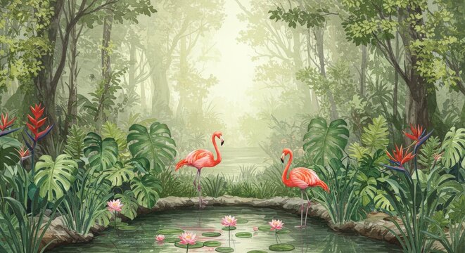 Watercolor painting of flamingos in lush tropical forest. - Powered by Adobe