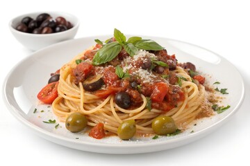 Spaghetti with chunky tomato sauce, basil, grated cheese, and mixed olives on white plate

