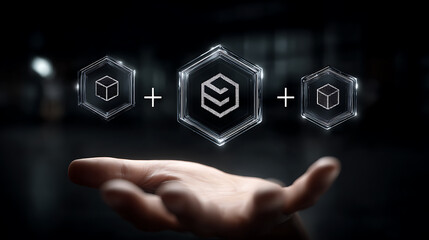 A hand presents a futuristic holographic display of geometric symbols and a central logo-like emblem, suggesting digital innovation and technology integration.