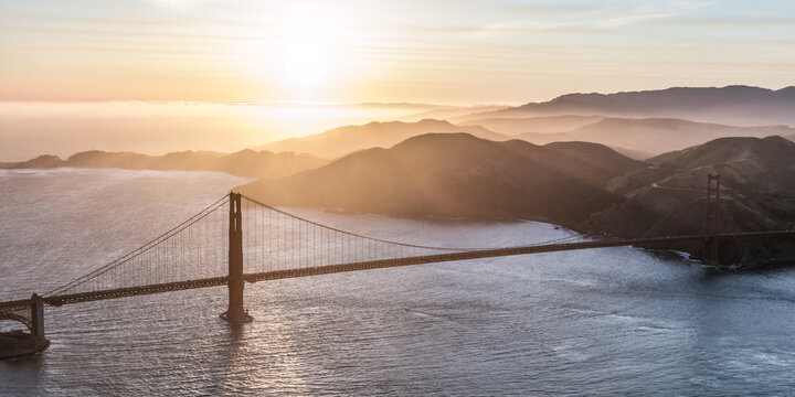 Aerial of Golden gate bridge at sunset, San Francisco, California, USA